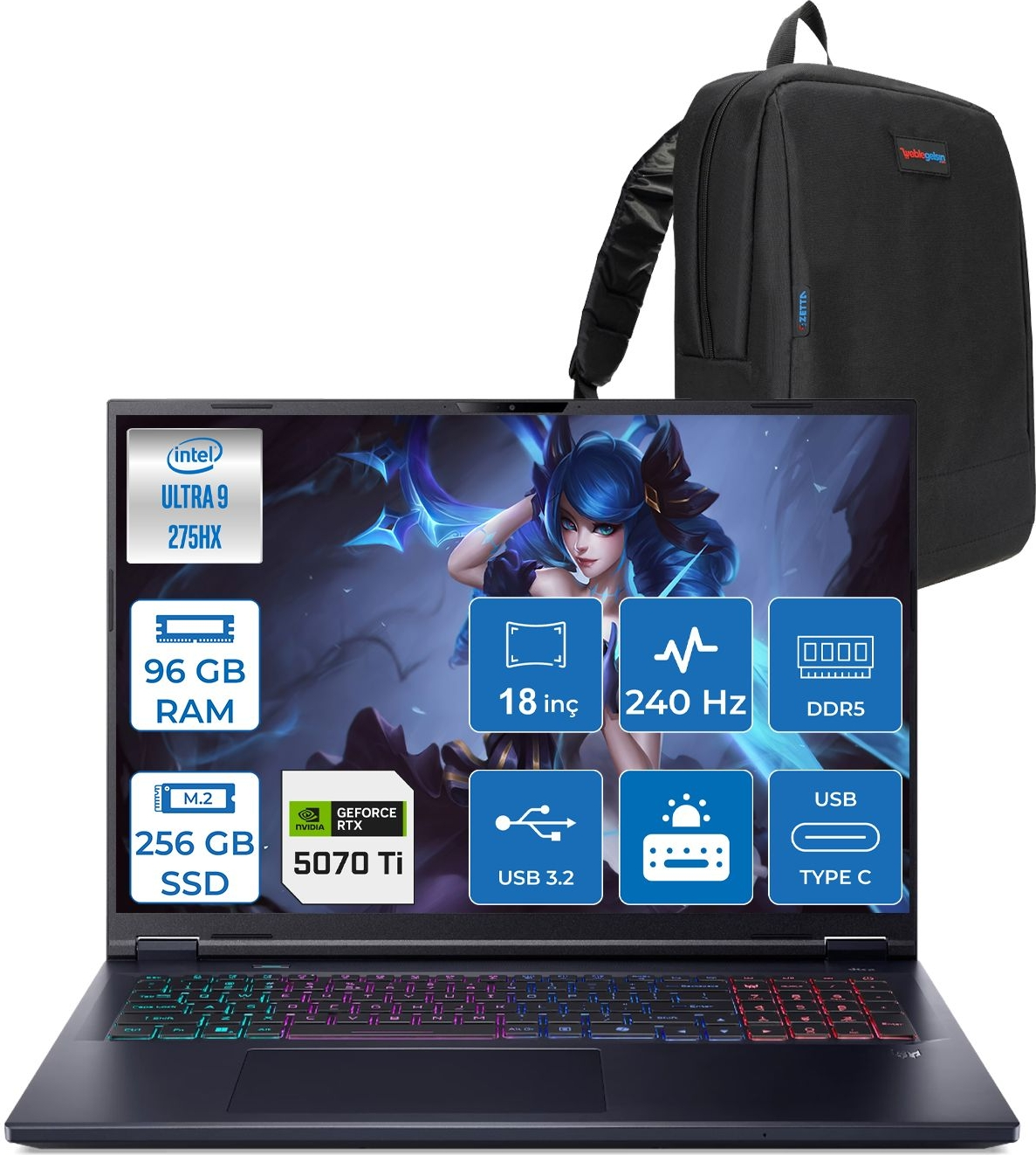 Intel Ultra 9, 96 GB RAM, 256 GB SSD, RTX 5070 Ti dizüstü bilgisayar ve sırt çantası.