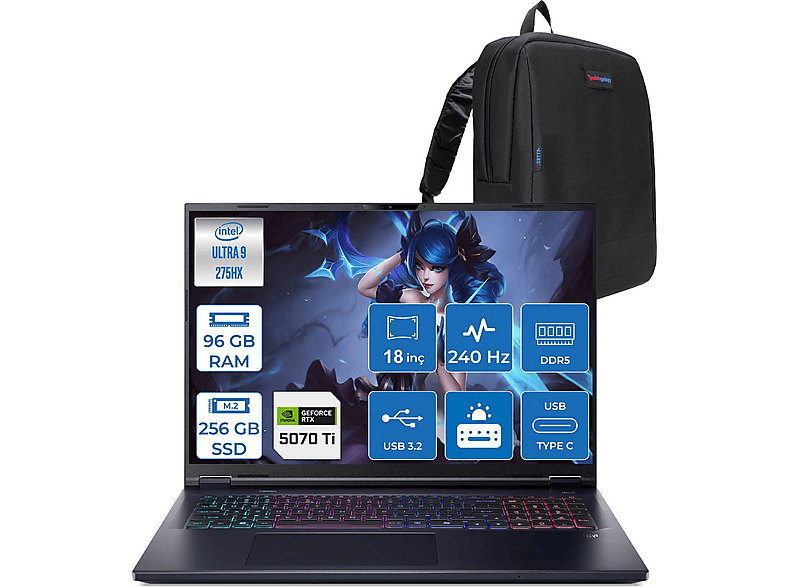 ACER Predator Neo 18 12GB RTX5070Ti NHQVMEY002F26 Intel Core Ultra 9 275HX 96 GB RAM 256 GB SSD 18 inç FreeDOS Laptop+Çanta Siyah