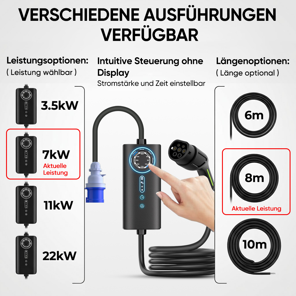 E-Ladegerät mit Leistungs- und Längenoptionen: 3.5-22kW, 6-10m.