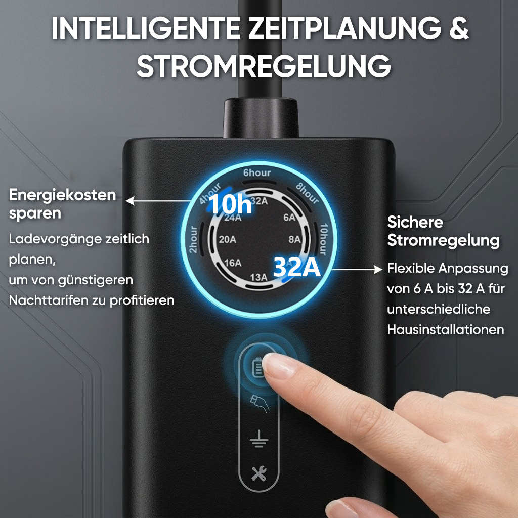 Schwarzes Ladegerät mit Zeitschaltuhr und Stromregelung. Ein Finger drückt auf einen Knopf.