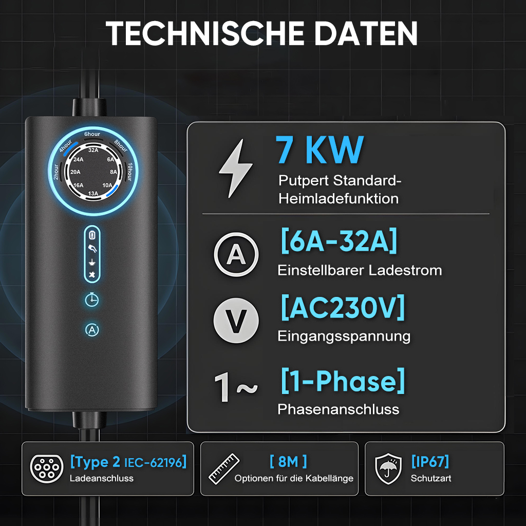 Technische Daten: 7KW, 6-32A, AC230V, 1-Phase, Typ 2, 8M Kabel, IP67.