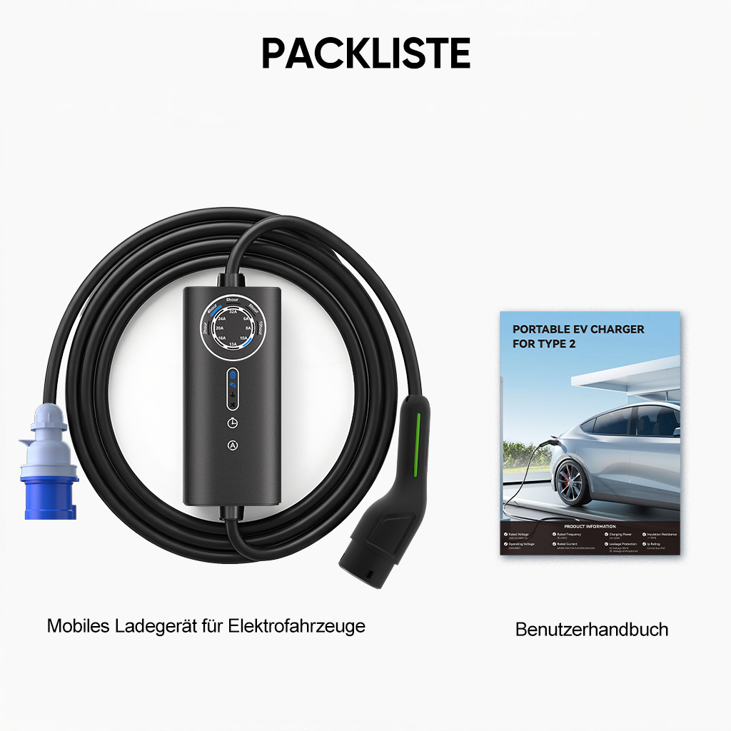 Packliste mit mobilem EV-Ladegerät, Kabel und Handbuch.