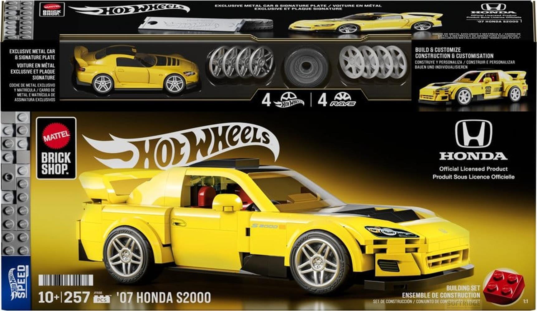 Un set di costruzione Lego Hot Wheels giallo '07 Honda S2000' con sedili rossi e cofano nero.