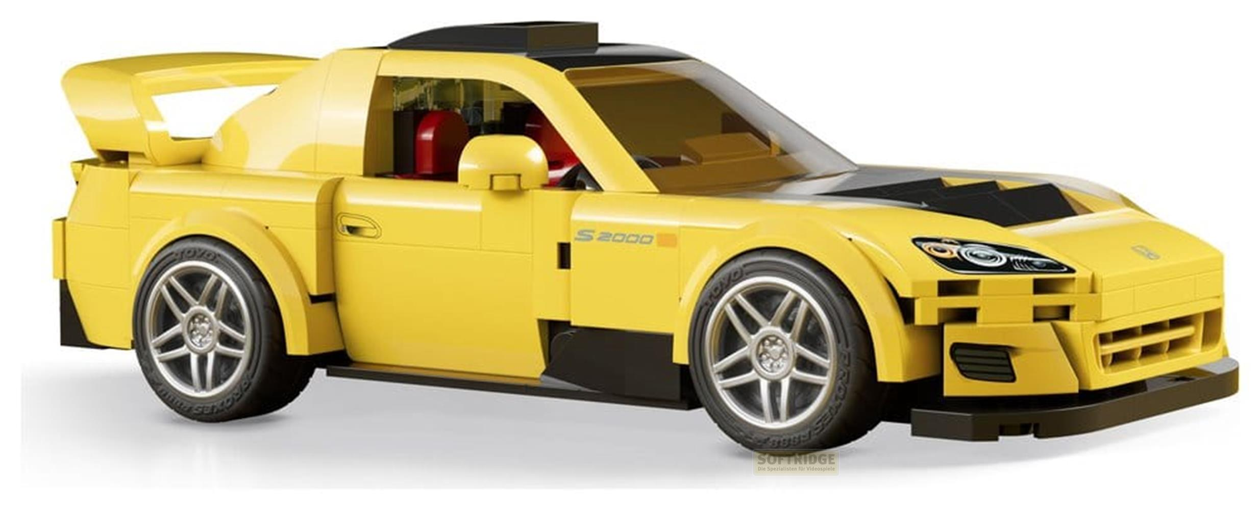 Un'auto sportiva Lego gialla con spoiler e accenti neri.