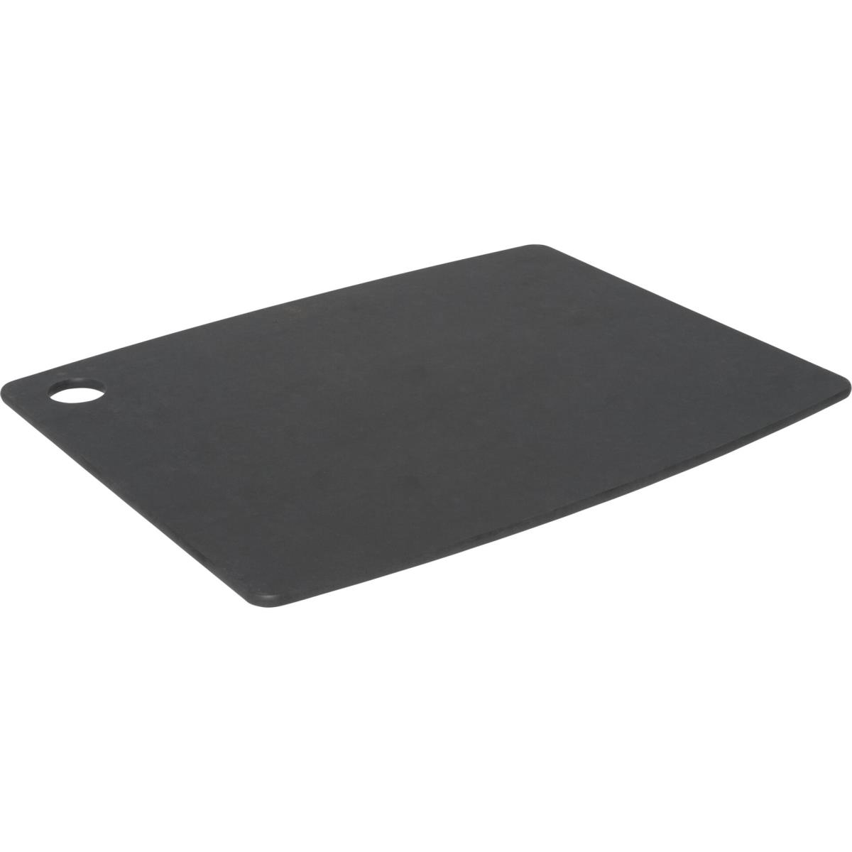 Eine schwarze rechteckige Schneideplatte mit abgerundeten Ecken und einem Loch.