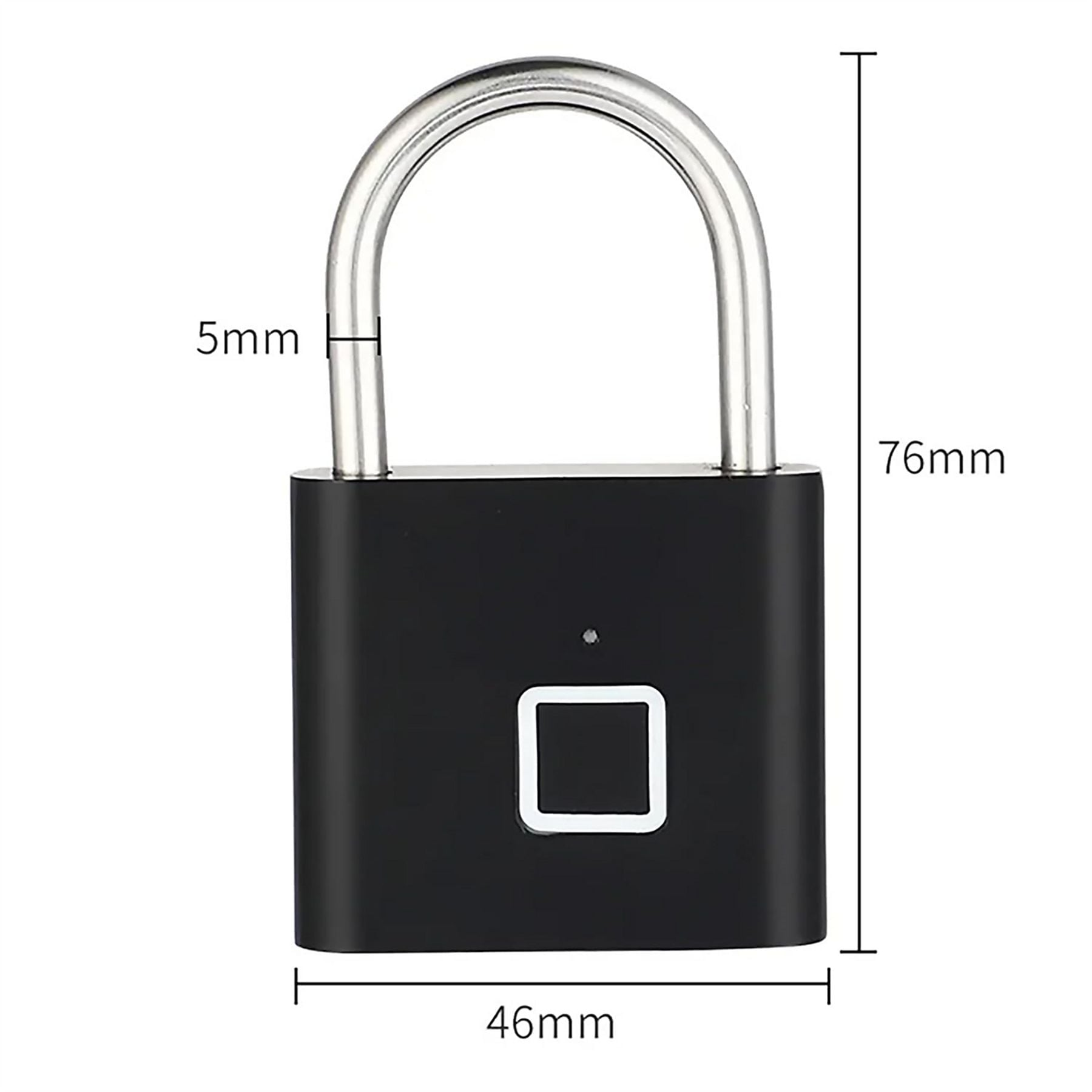 Schwarzes Vorhängeschloss mit Fingerabdrucksensor und Maßen.