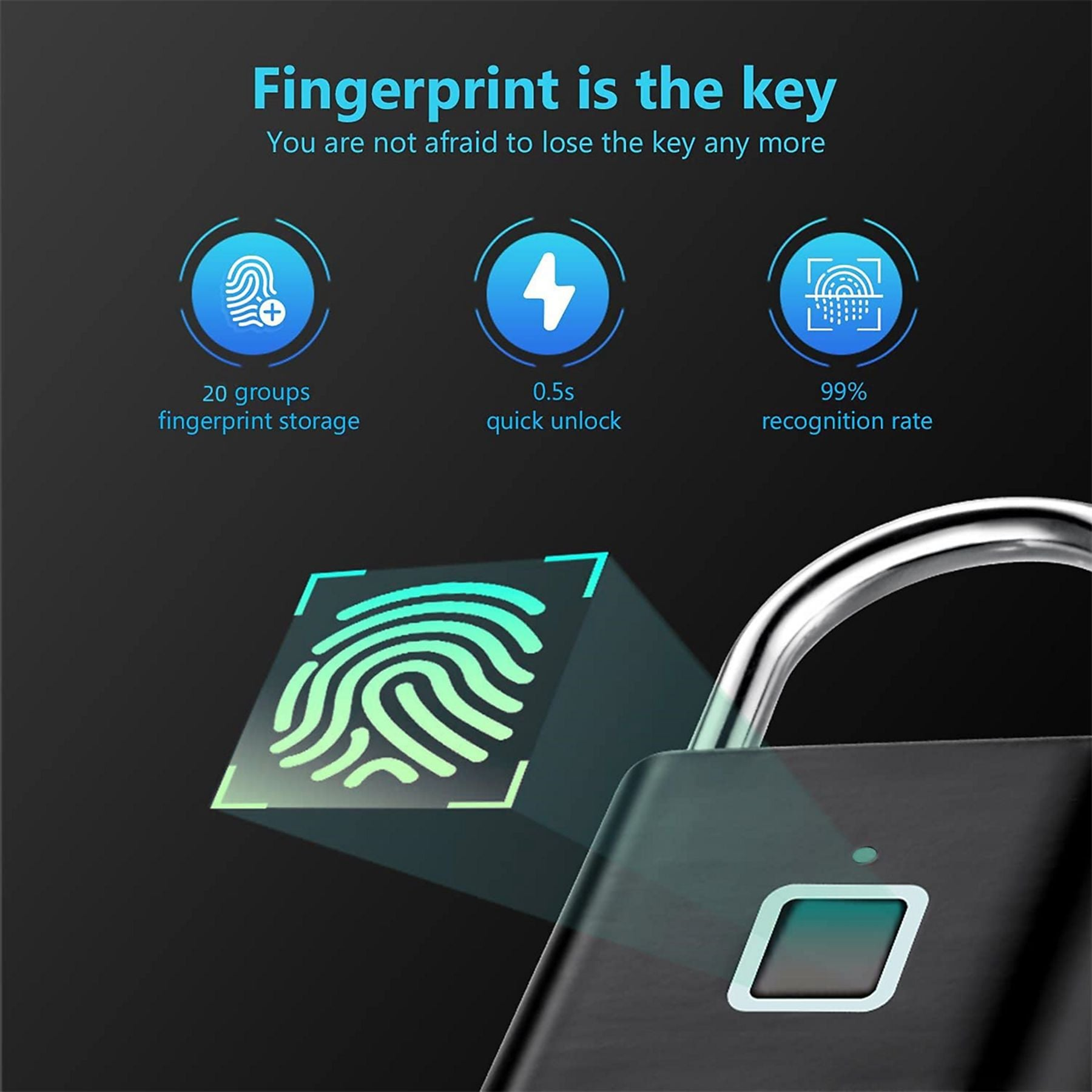 Ein schwarzes Vorhängeschloss mit Fingerabdrucksensor. Oben drei Icons: Speicherung, Entsperrung, Erkennungsrate.