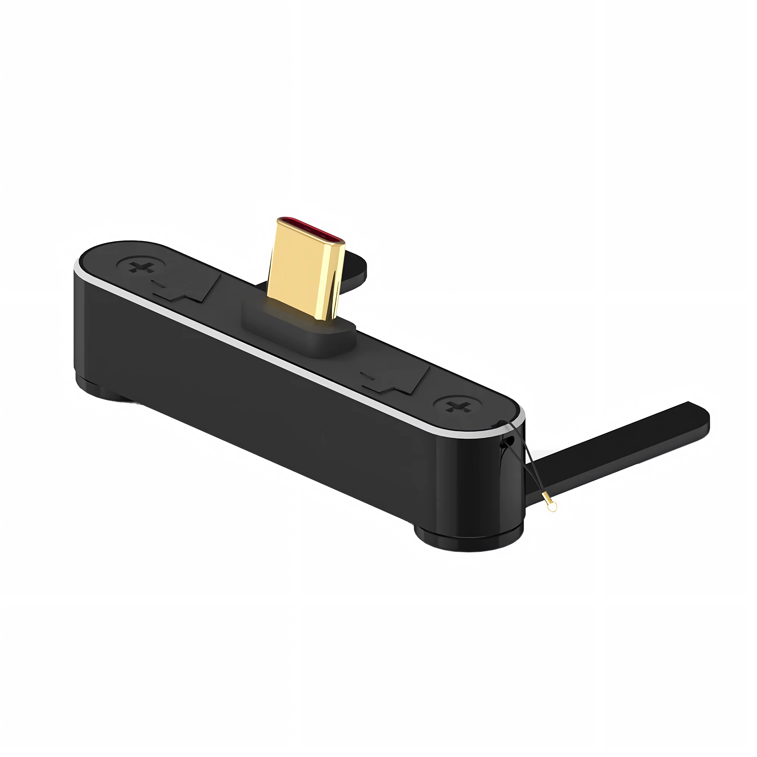 Schwarzer Adapter mit goldenem USB-C-Stecker und einer Schlaufe.