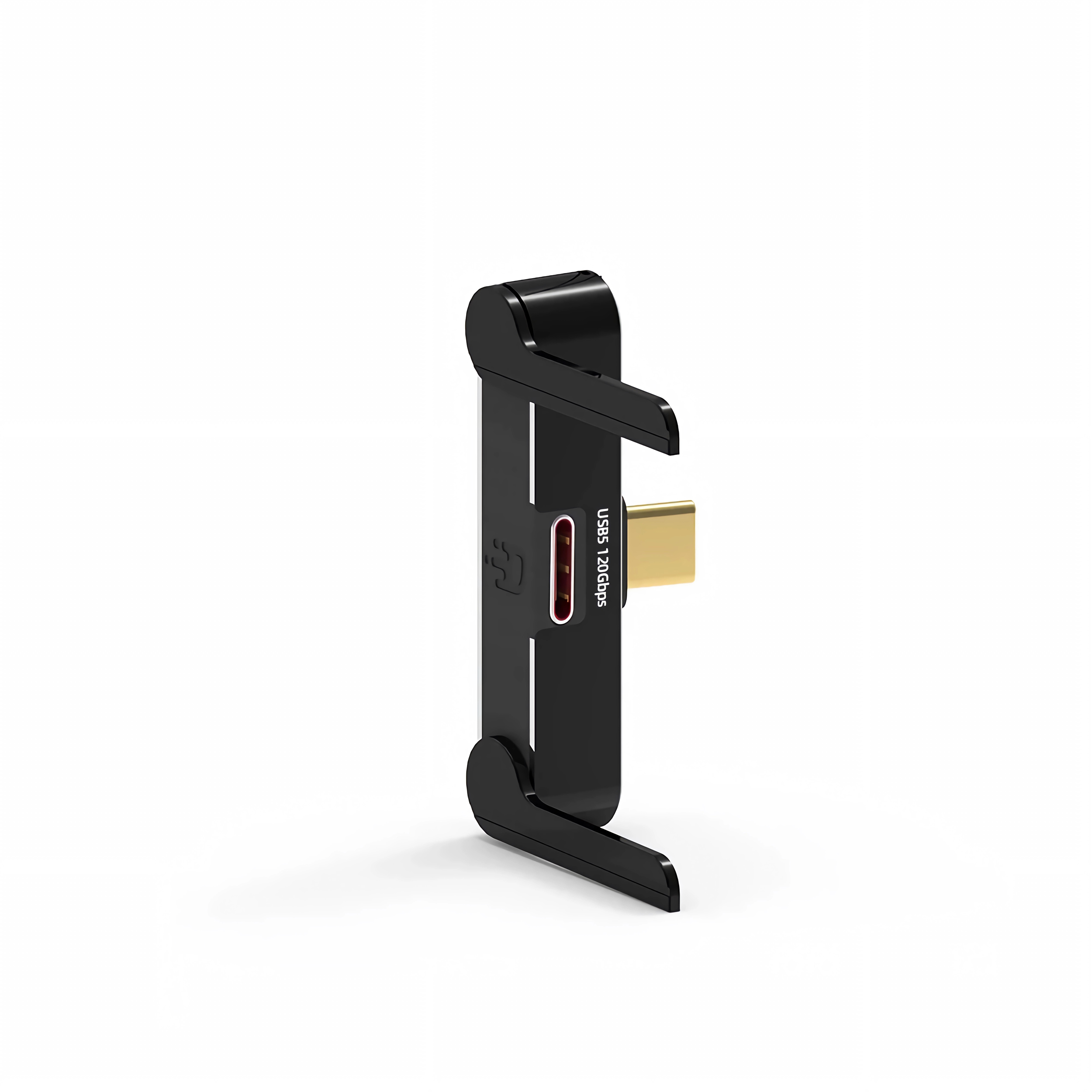Ein schwarzer USB-C-Adapter mit goldenem Anschluss auf weißem Hintergrund.