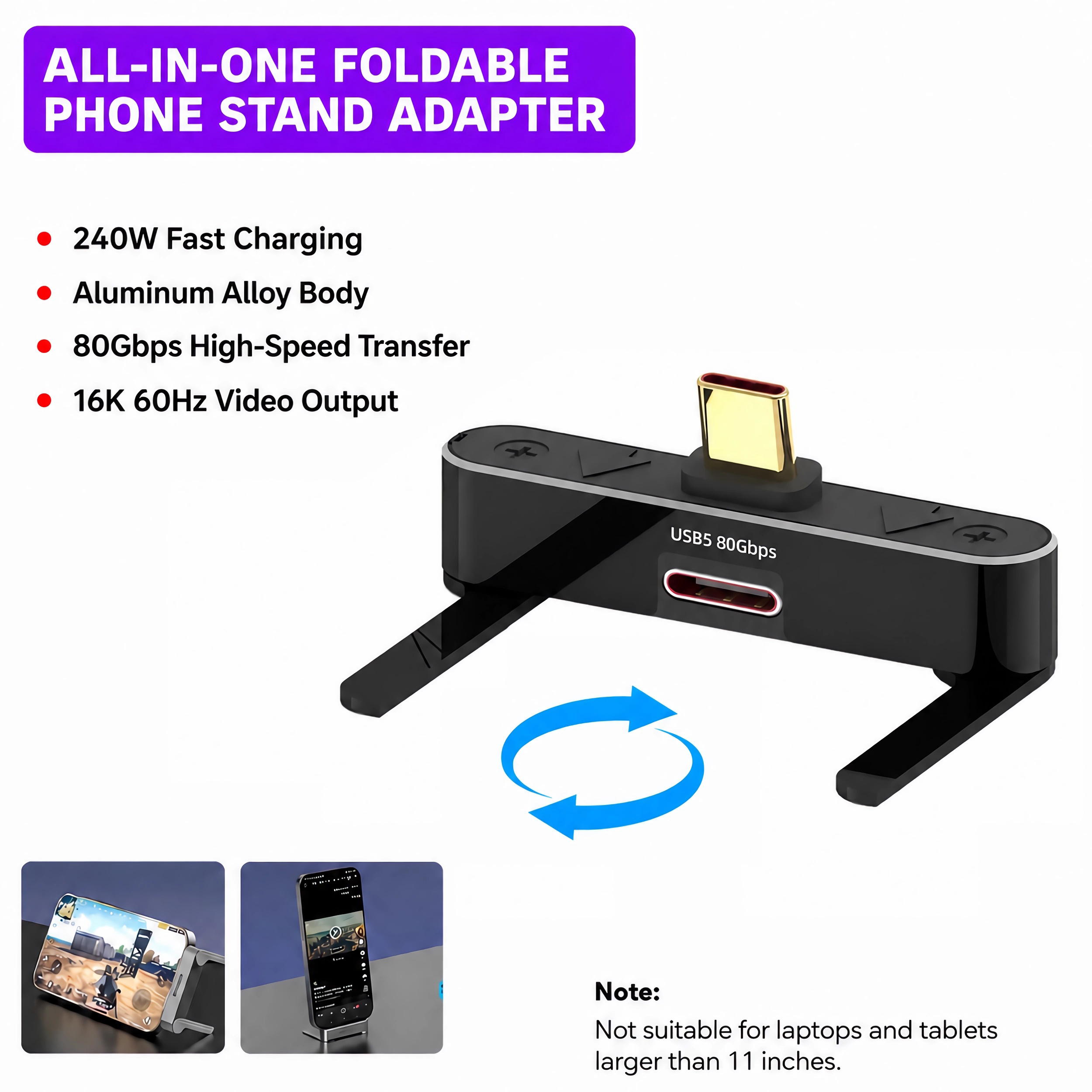 Ein schwarzer USB-C-Adapter mit ausklappbaren Ständern und blauer Pfeilschleife.