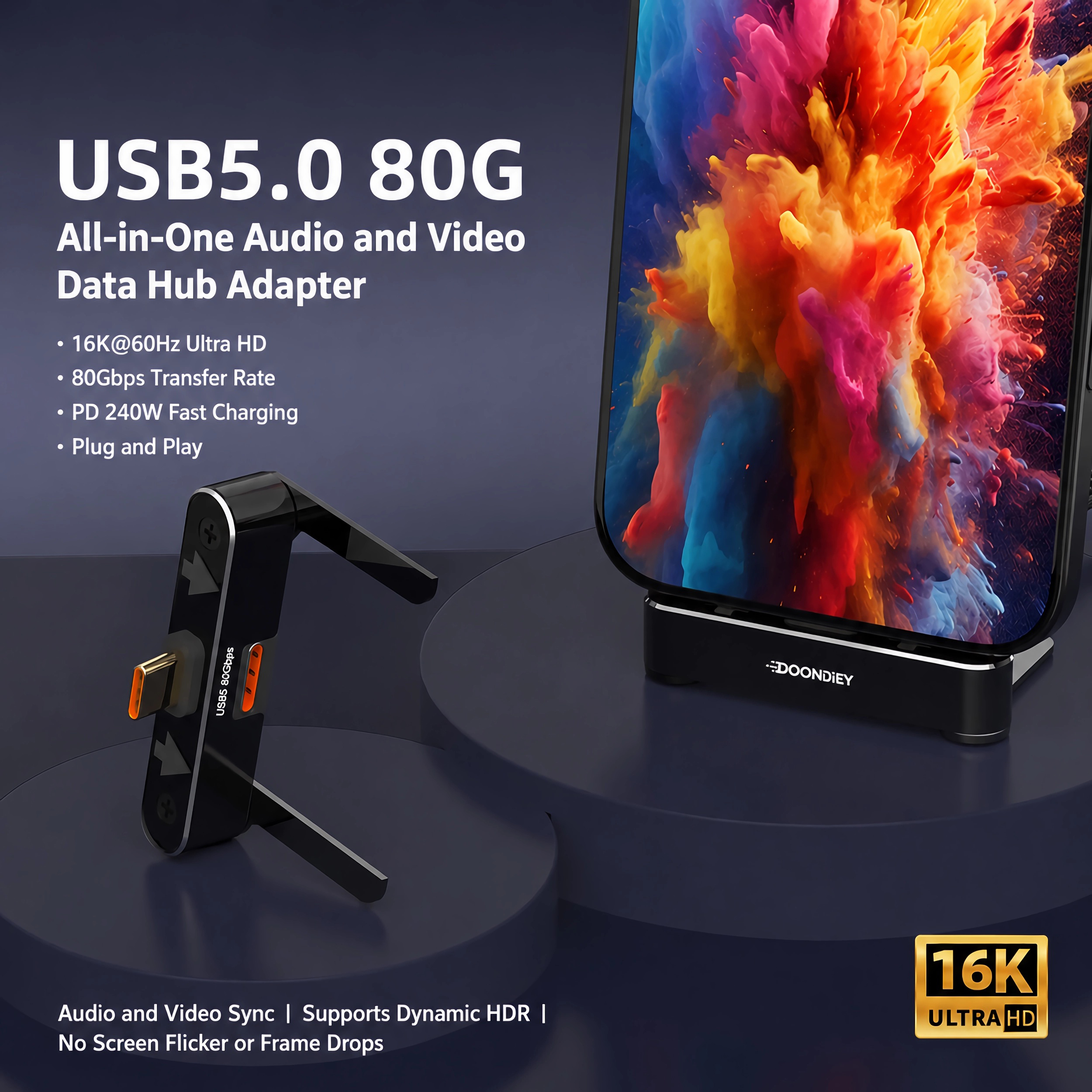 Ein schwarzer USB 5.0 80G Audio-/Video-Adapter mit 16K-Auflösung und Schnellladung.