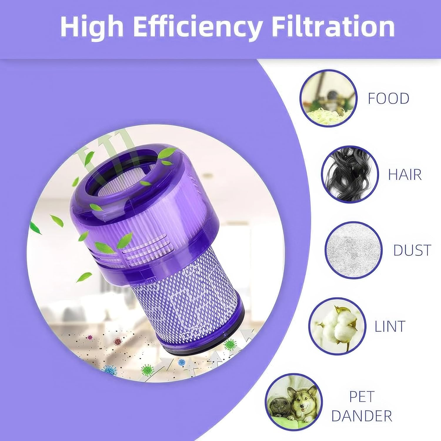 Lila Vakuumfilter mit Symbolen für Lebensmittel, Haare, Staub, Flusen und Tierhaare.
