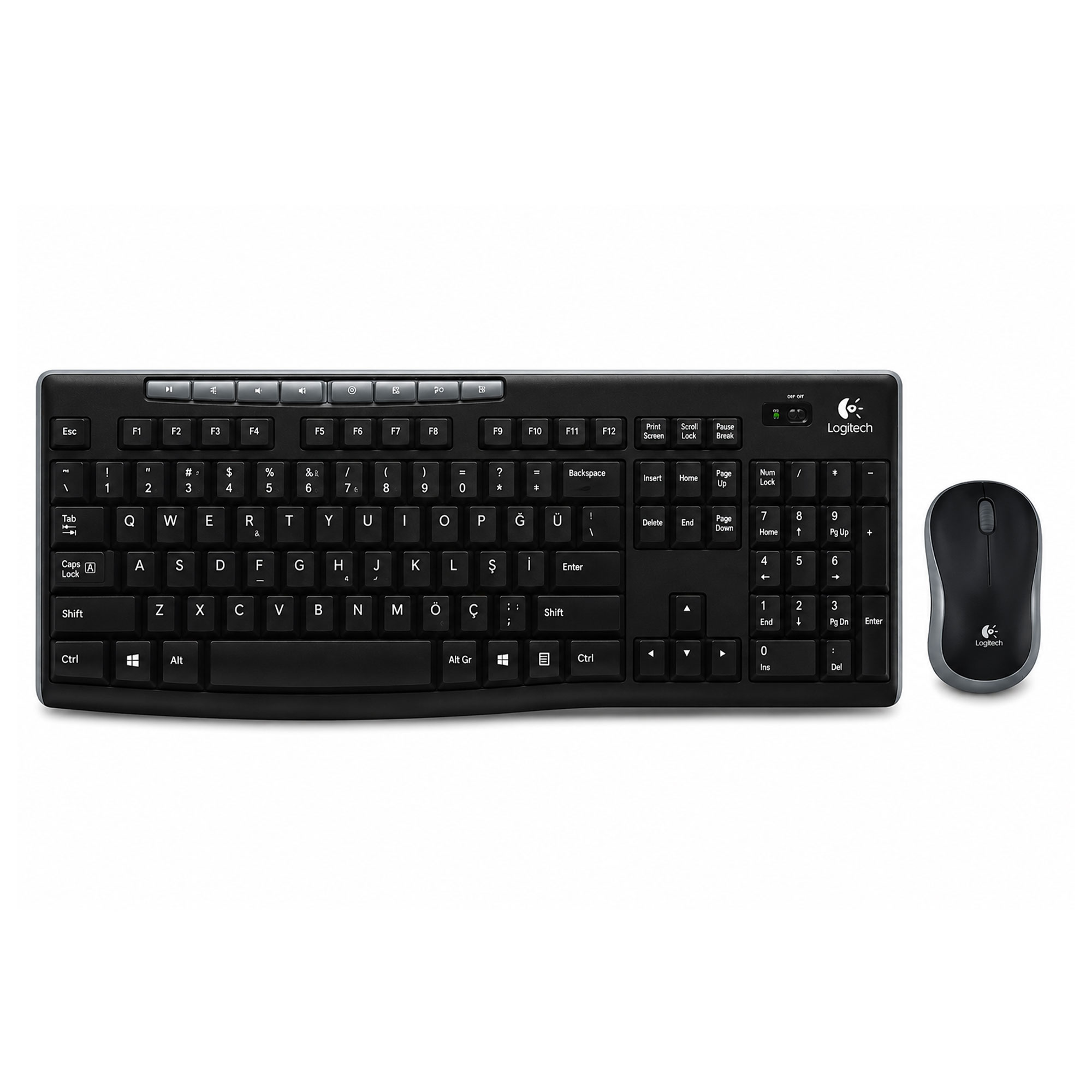 Beyaz zeminde siyah Logitech klavye ve fare.