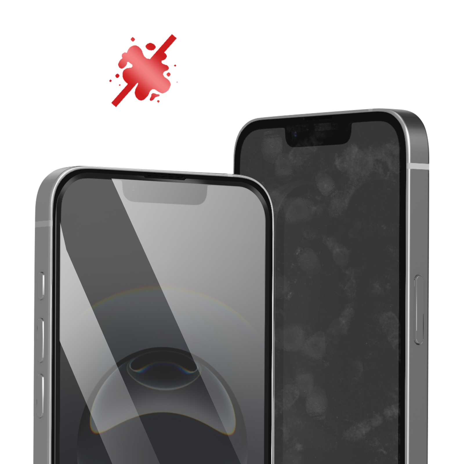 Two iPhones, one with fingerprints on screen, against a white background.