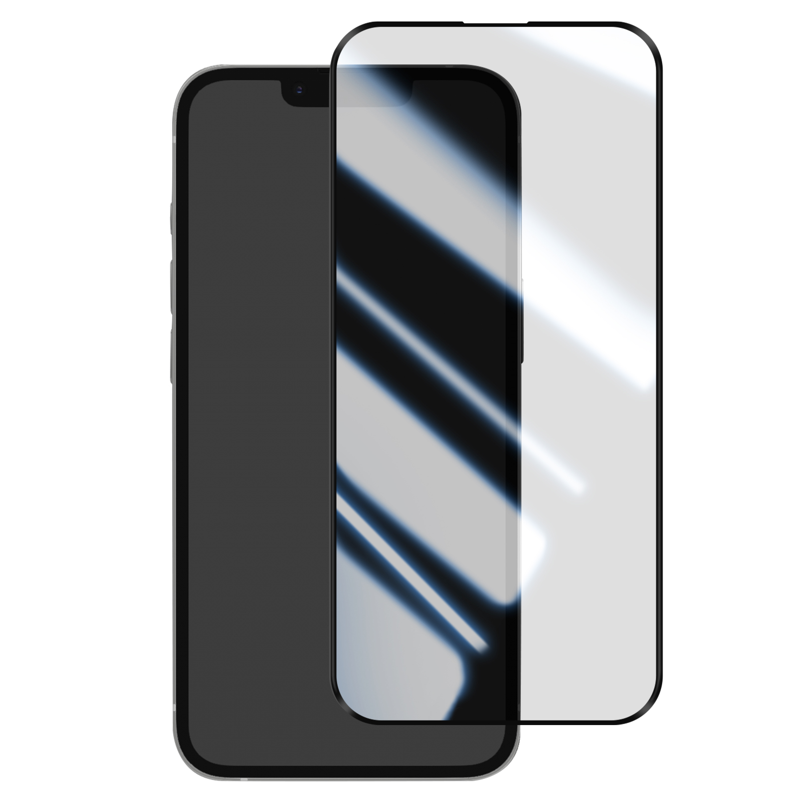 A dark smartphone with a clear screen protector placed next to it.