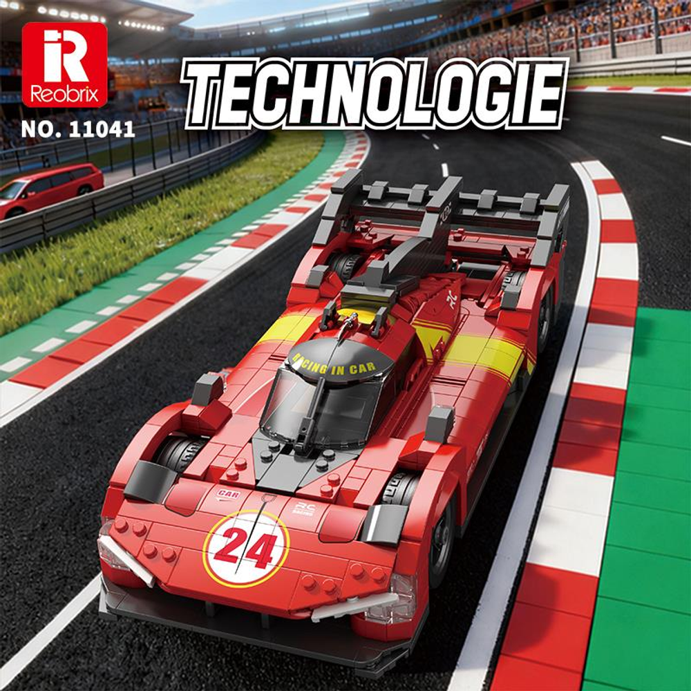 Yarış pistinde sarı şeritli kırmızı Lego yarış arabası. Metin: TECHNOLOGIE.