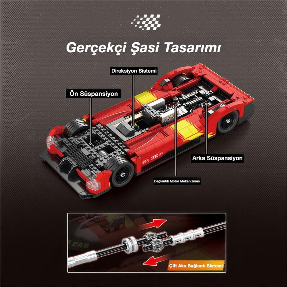 Detaylı süspansiyon, direksiyon ve motor görünümlerini gösteren kırmızı model yarış arabası.