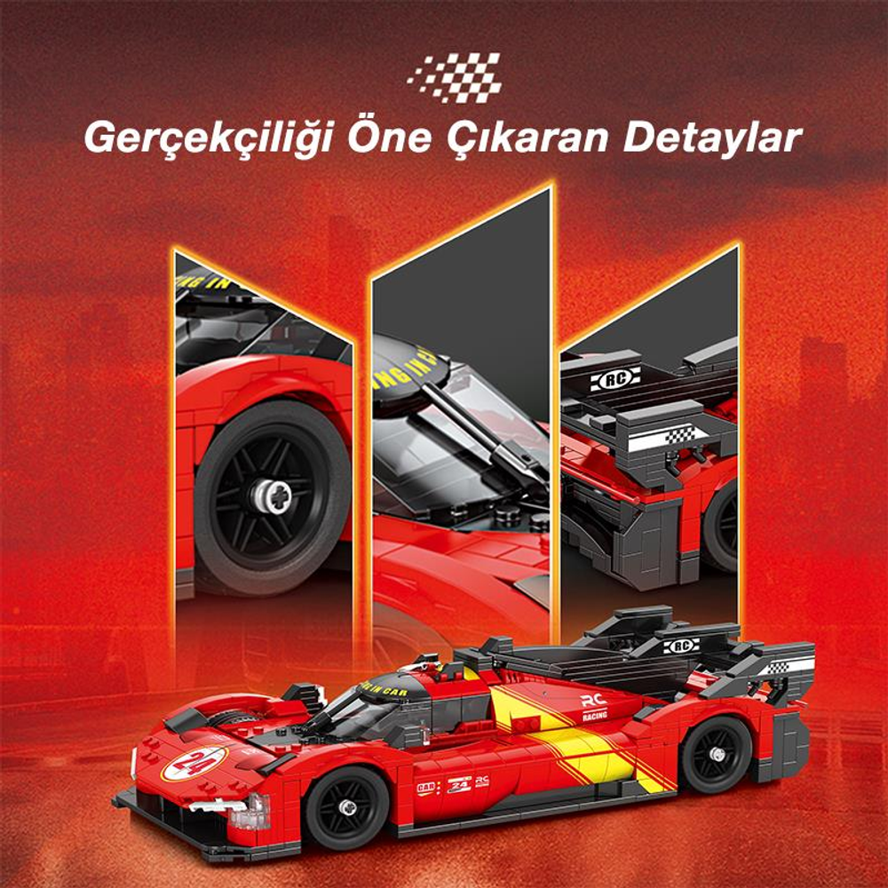 Sarı detaylı ve 24 numaralı kırmızı bir RC yarış arabası yapım parçası modeli.