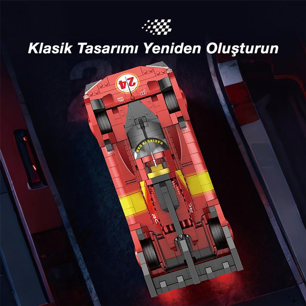 Kırmızı ve sarı, tuğladan yapılmış yarış arabası bir pistte.