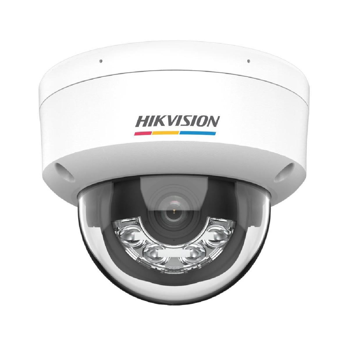 Una telecamera di sicurezza Hikvision a cupola bianca con LED a infrarossi.