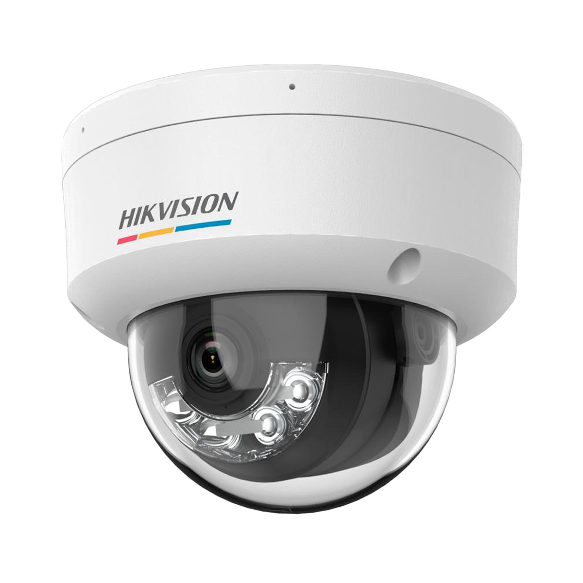 Una telecamera di sicurezza Hikvision bianca a cupola con LED IR.
