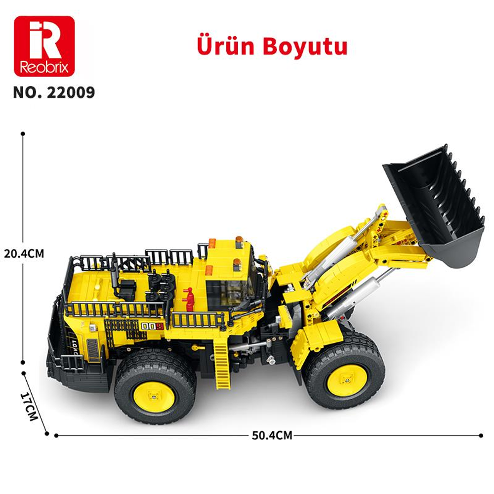 Sarı ekskavatör kepçeli, boyutları 50,4 cm U, 20,4 cm Y, 17 cm G.