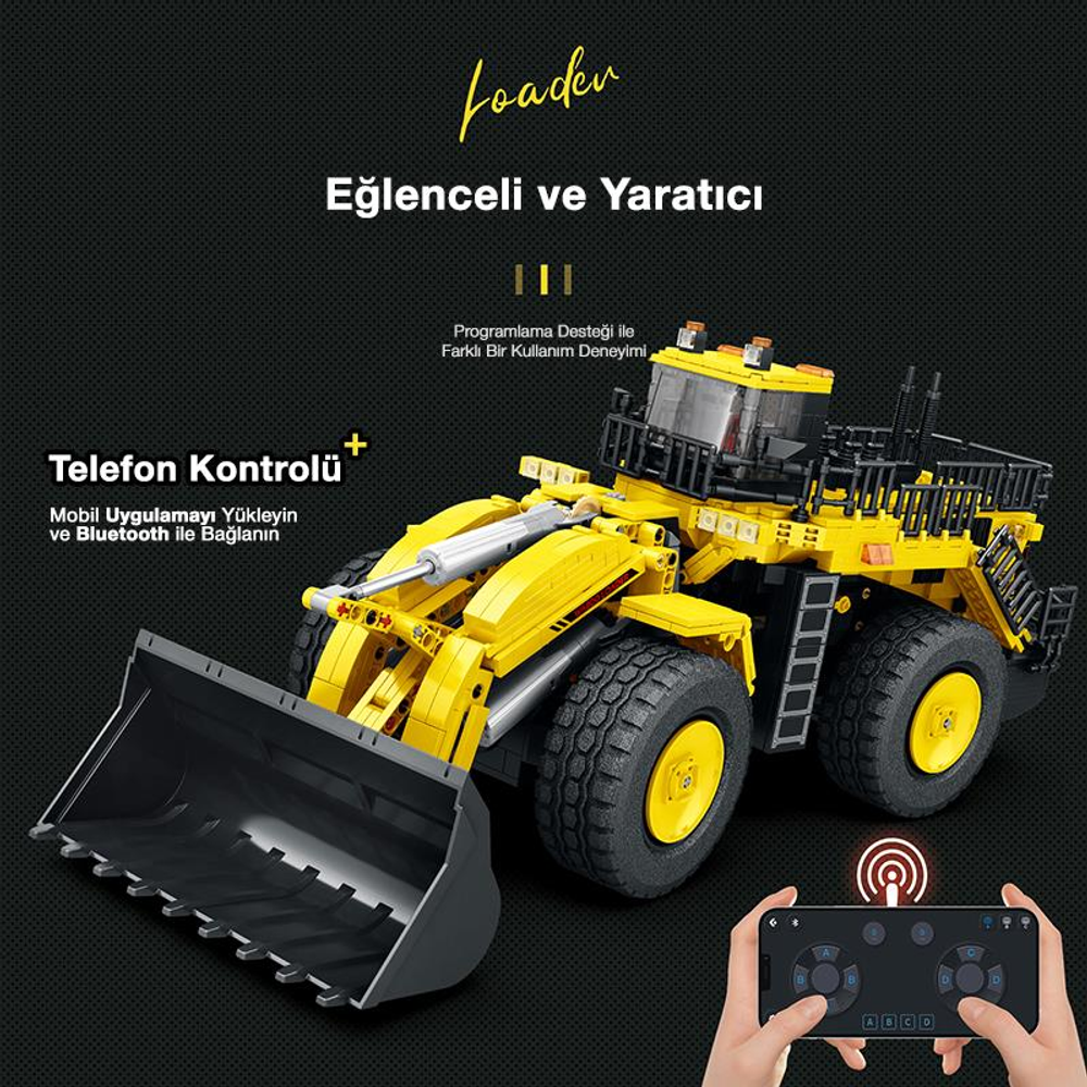 Sarı oyuncak yükleyici uzaktan kumandalı ve metinli.