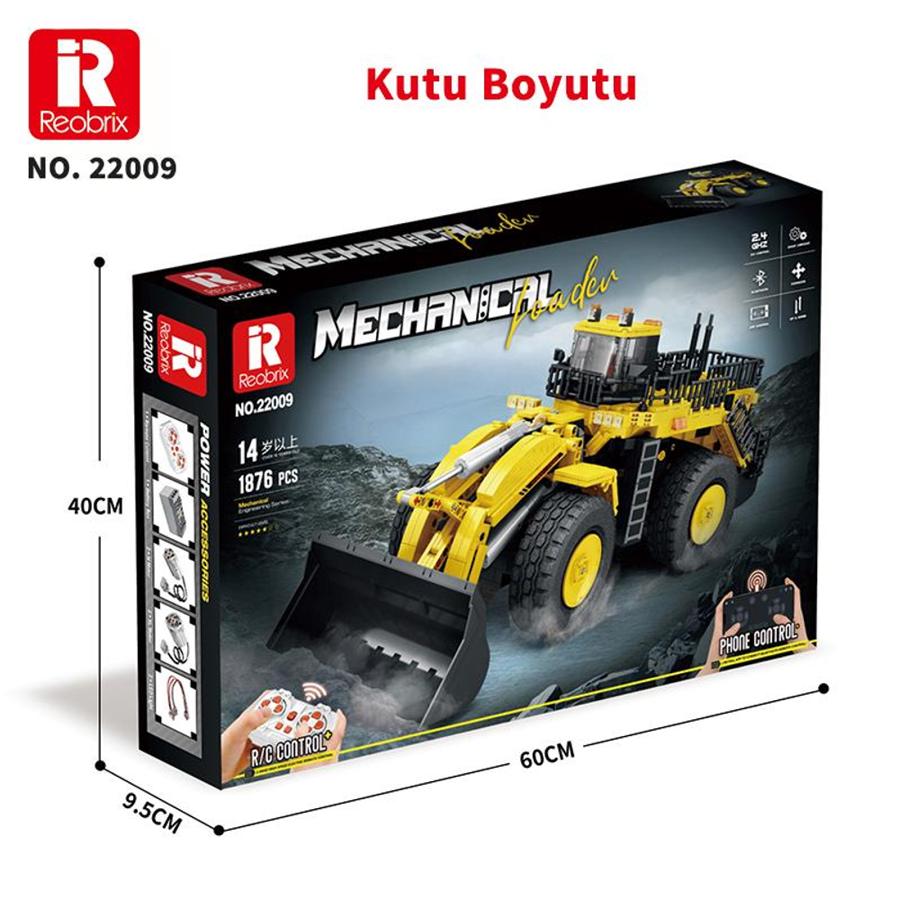 Yükleyiciye sahip sarı uzaktan kumandalı oyuncak kutusu.