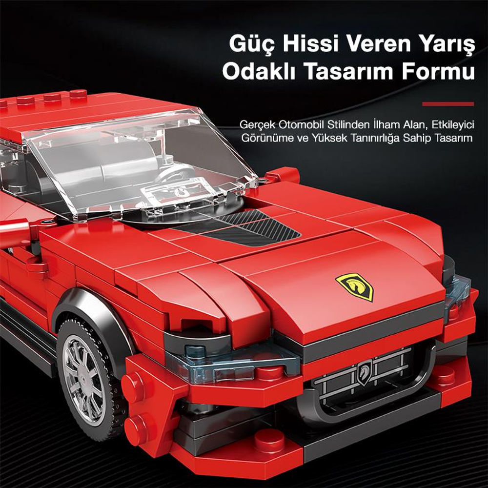 Kırmızı, spor araba görünümlü tuğla oyuncak araba.