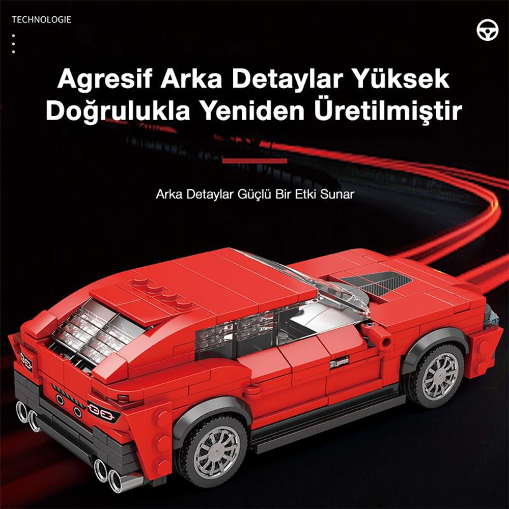 Detaylı arka lambalara ve tekerleklere sahip kırmızı Lego spor araba modeli.