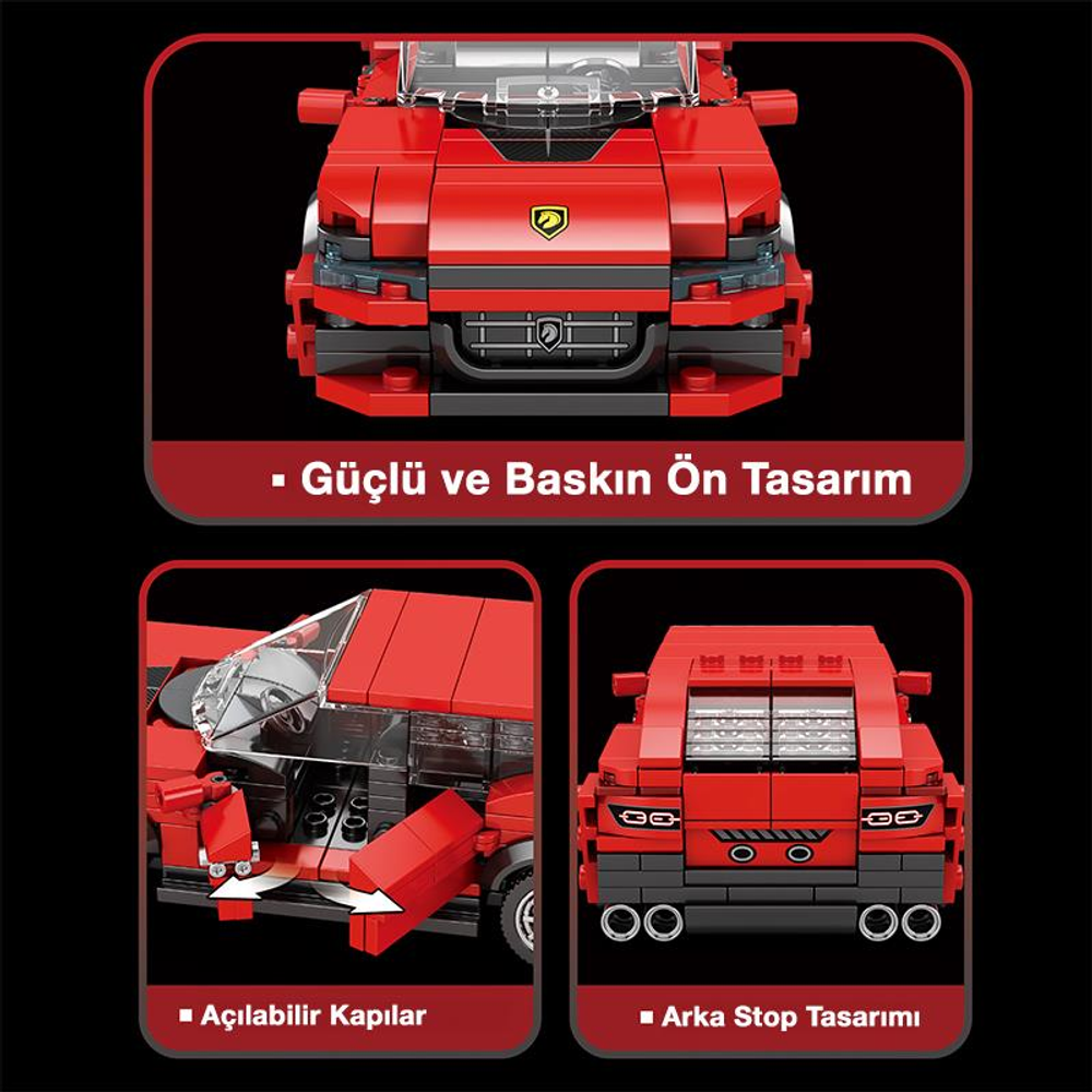 Önü, açık kapıları ve arkası gösterilen kırmızı model araba.