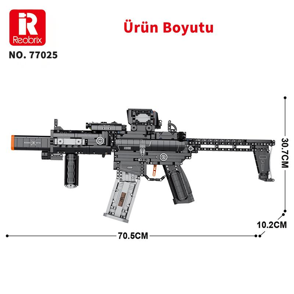 Turuncu uçlu siyah oyuncak tüfek, boyutları 70,5 cm x 30,7 cm.