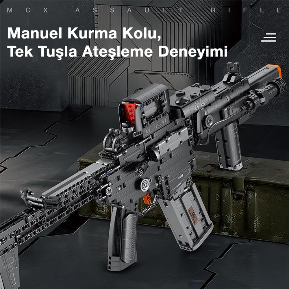 Koyu arka plan üzerinde kırmızı ve turuncu vurgulara sahip gri oyuncak tüfek.