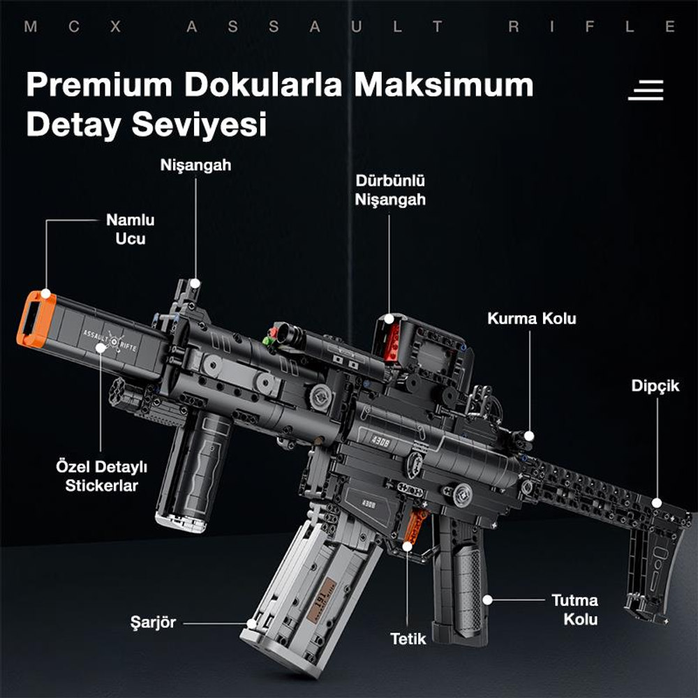 Namlu, nişangah ve şarjör etiketli detaylı siyah oyuncak taarruz tüfeği.