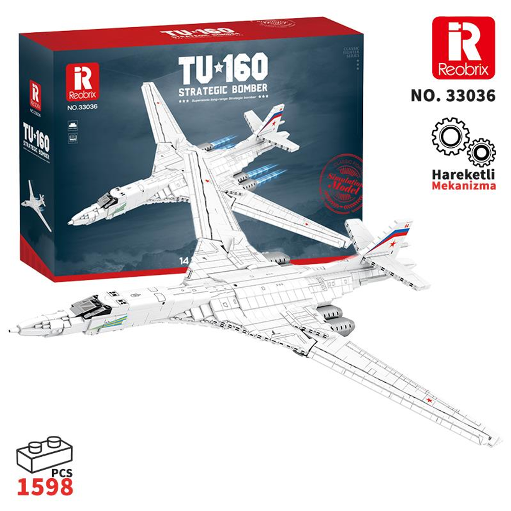 Mavi motor alevli beyaz TU-160 stratejik bombardıman uçağı model kiti.