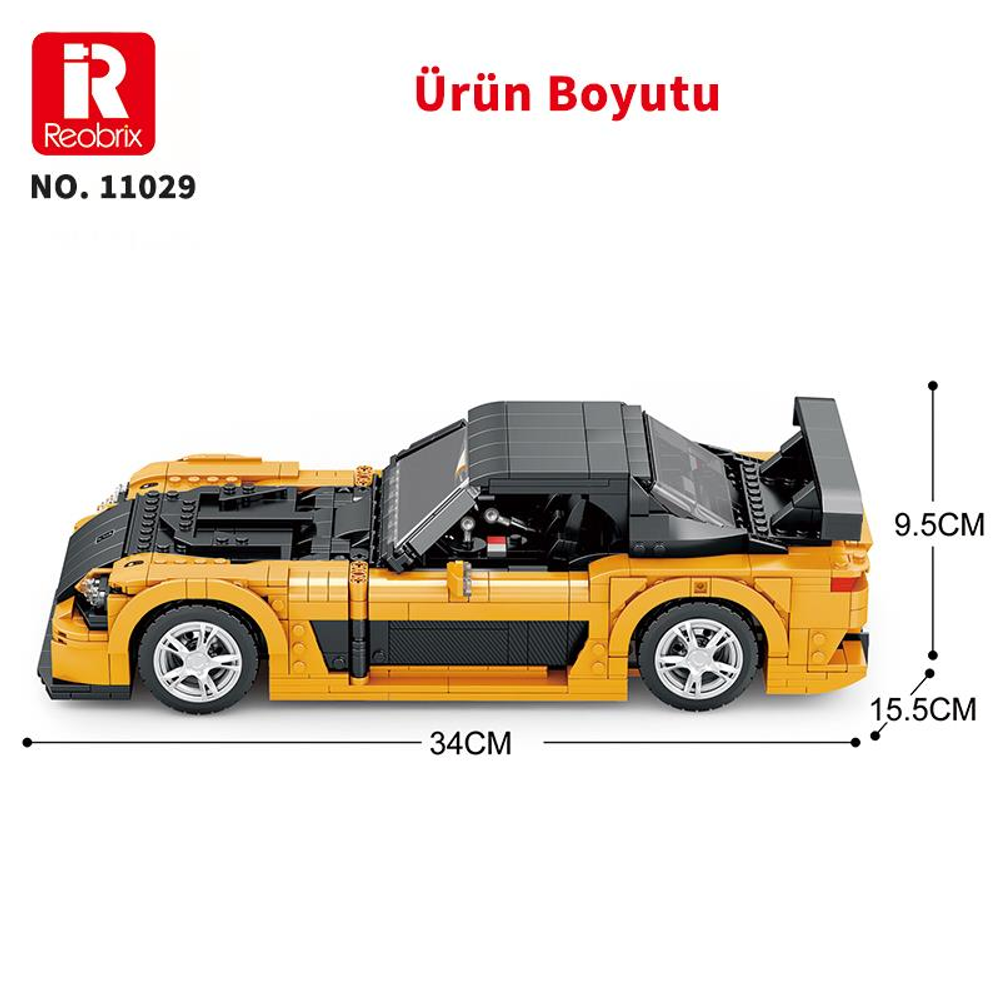 Siyah detaylı sarı Lego spor araba, boyutları 34x9,5x15,5 cm.