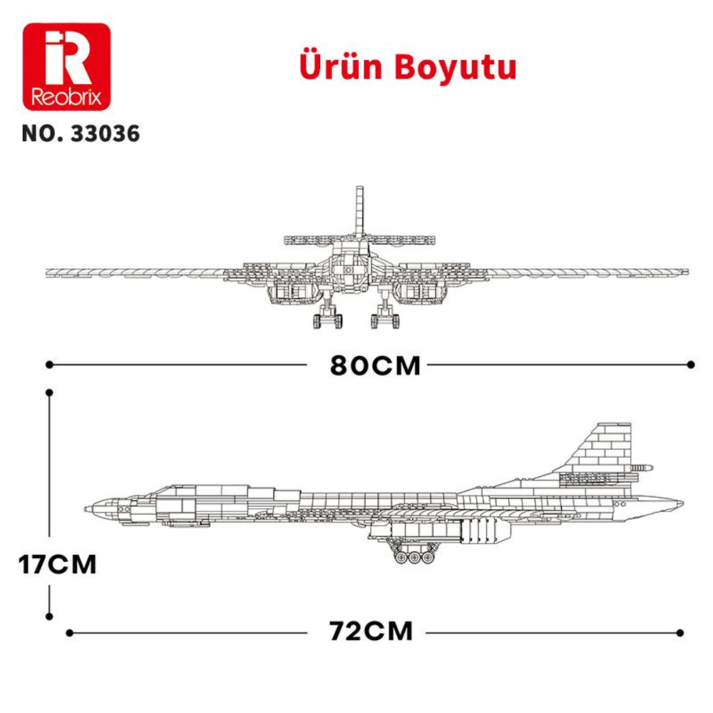 Bir uçağın boyutlarıyla iki şematik görünümü: 80 cm kanat açıklığı, 72 cm uzunluk, 17 cm yükseklik.