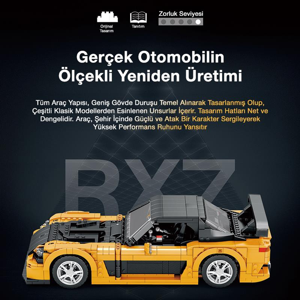 Sarı spor araba model kiti "RYZ" logosuyla, detaylı iç mekana sahip.