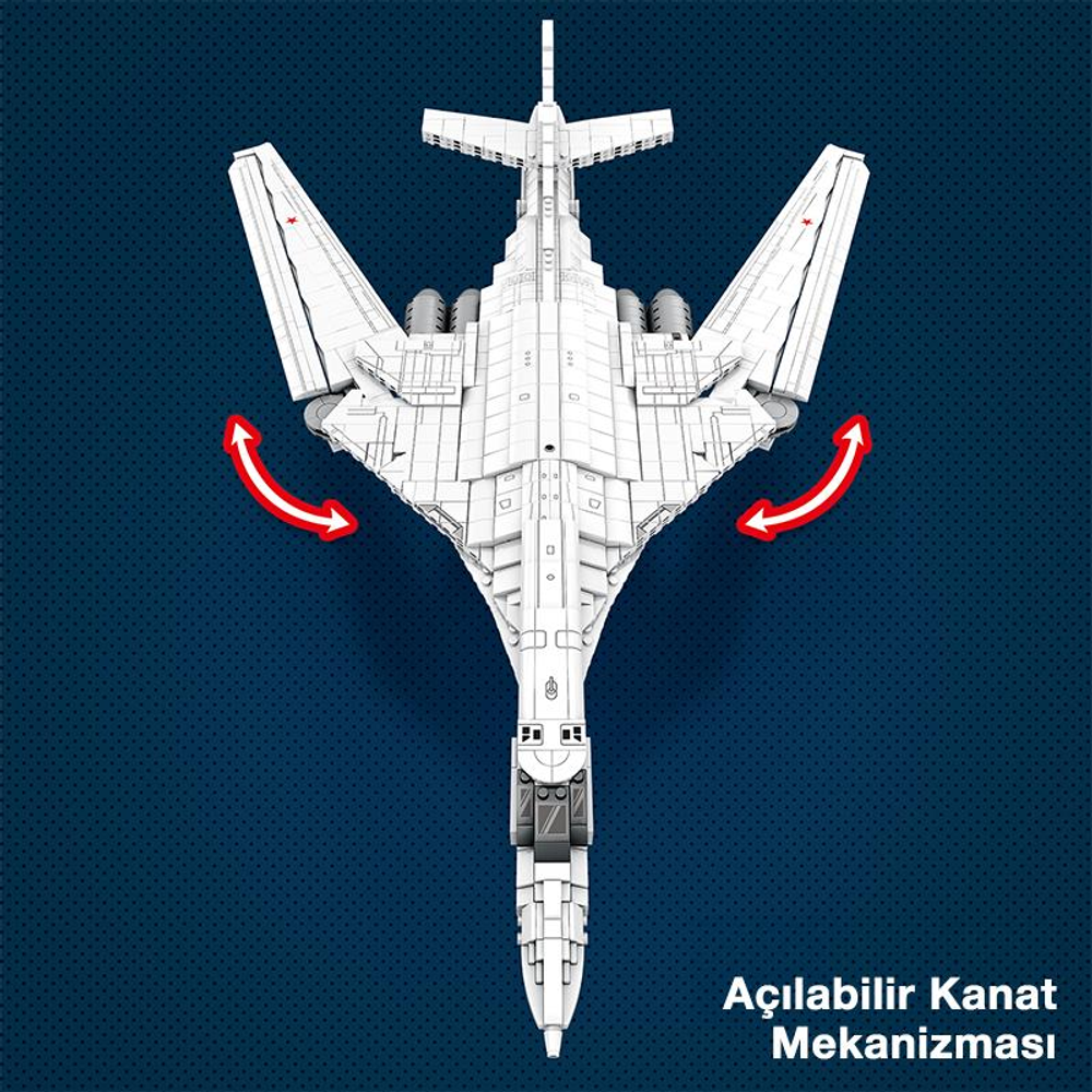 Katlanabilir kanatlı beyaz uçak modeli, koyu mavi arka plan üzerinde üstten görünüm.