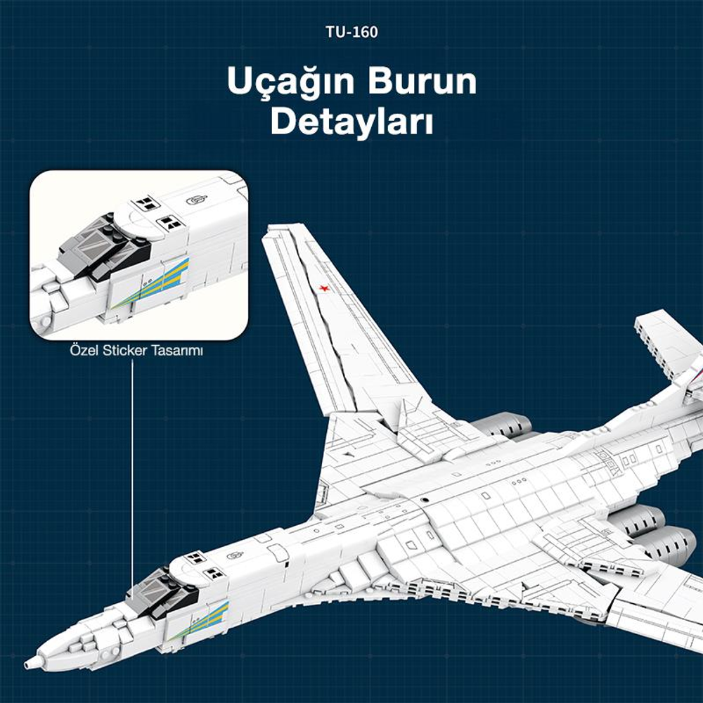 Burnu ve kanatları vurgulanmış detaylı beyaz bir TU-160 uçağı modeli.
