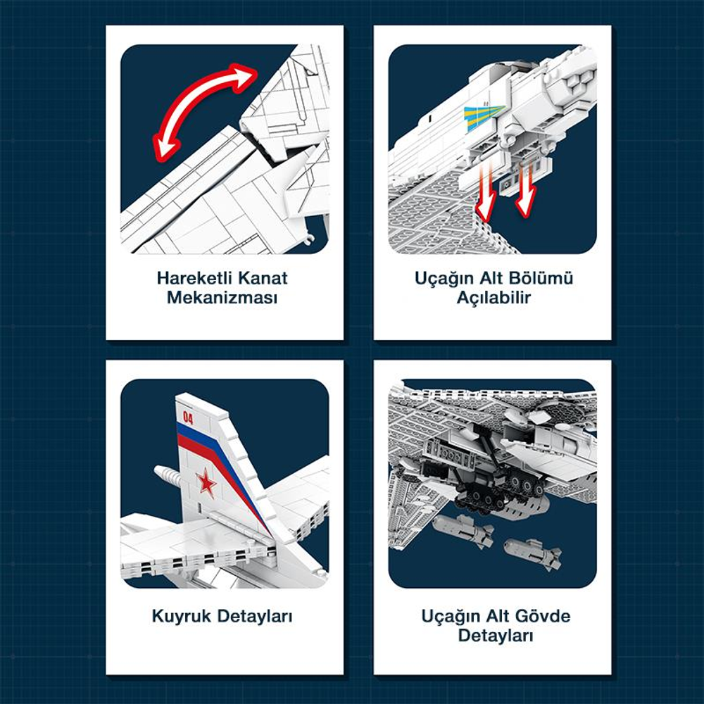Hareketli kanat mekanizması, açılabilir uçak alt bölümü, kuyruk detayları, uçak alt gövde detayları.