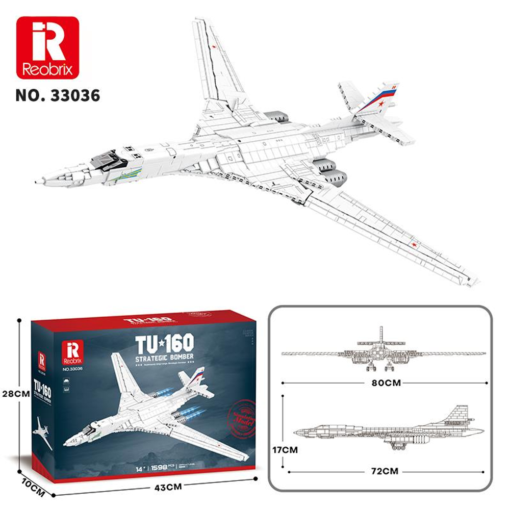Kutulu ve boyutlu beyaz TU-160 stratejik bombardıman uçağı modeli.