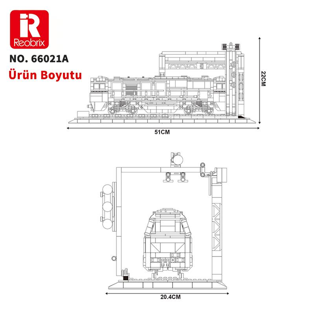 Trenin teknik çizimi, boyutları 51x22 cm ve 20,4 cm.