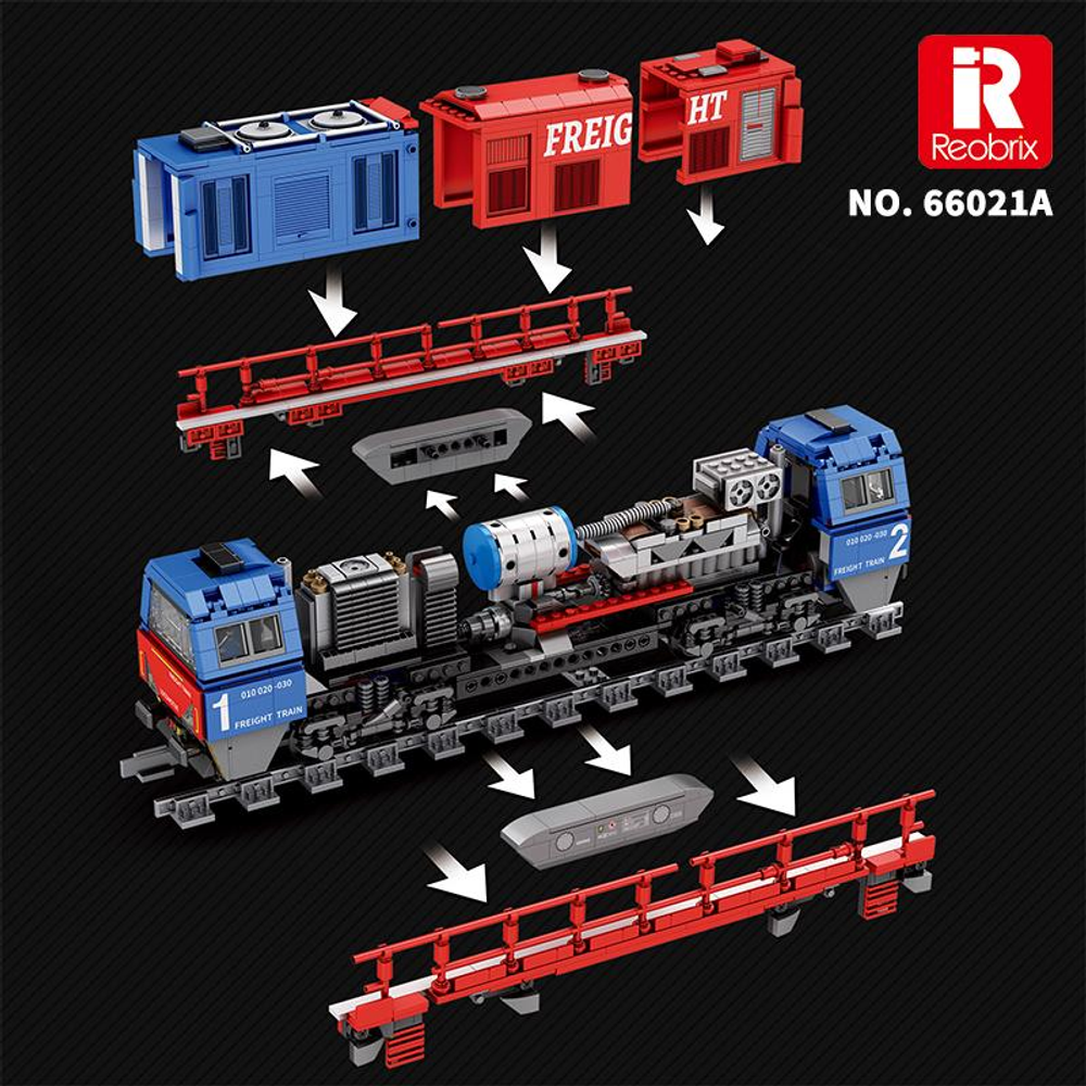 Reobrix yapım parçaları oyuncak tren montaj talimatları. Mavi, kırmızı ve gri parçalar.