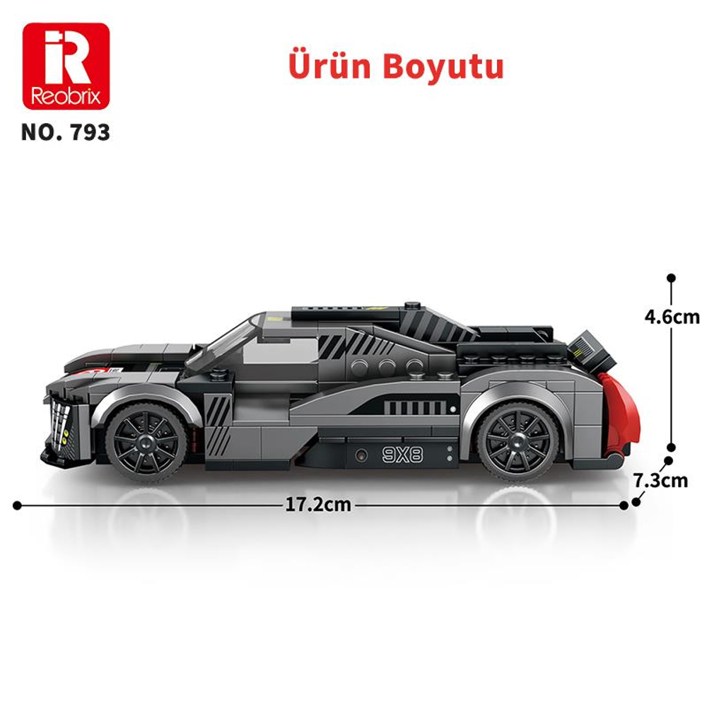 Kırmızı detaylı gri oyuncak araba, 17,2 cm uzun, 7,3 cm geniş, 4,6 cm yüksek.
