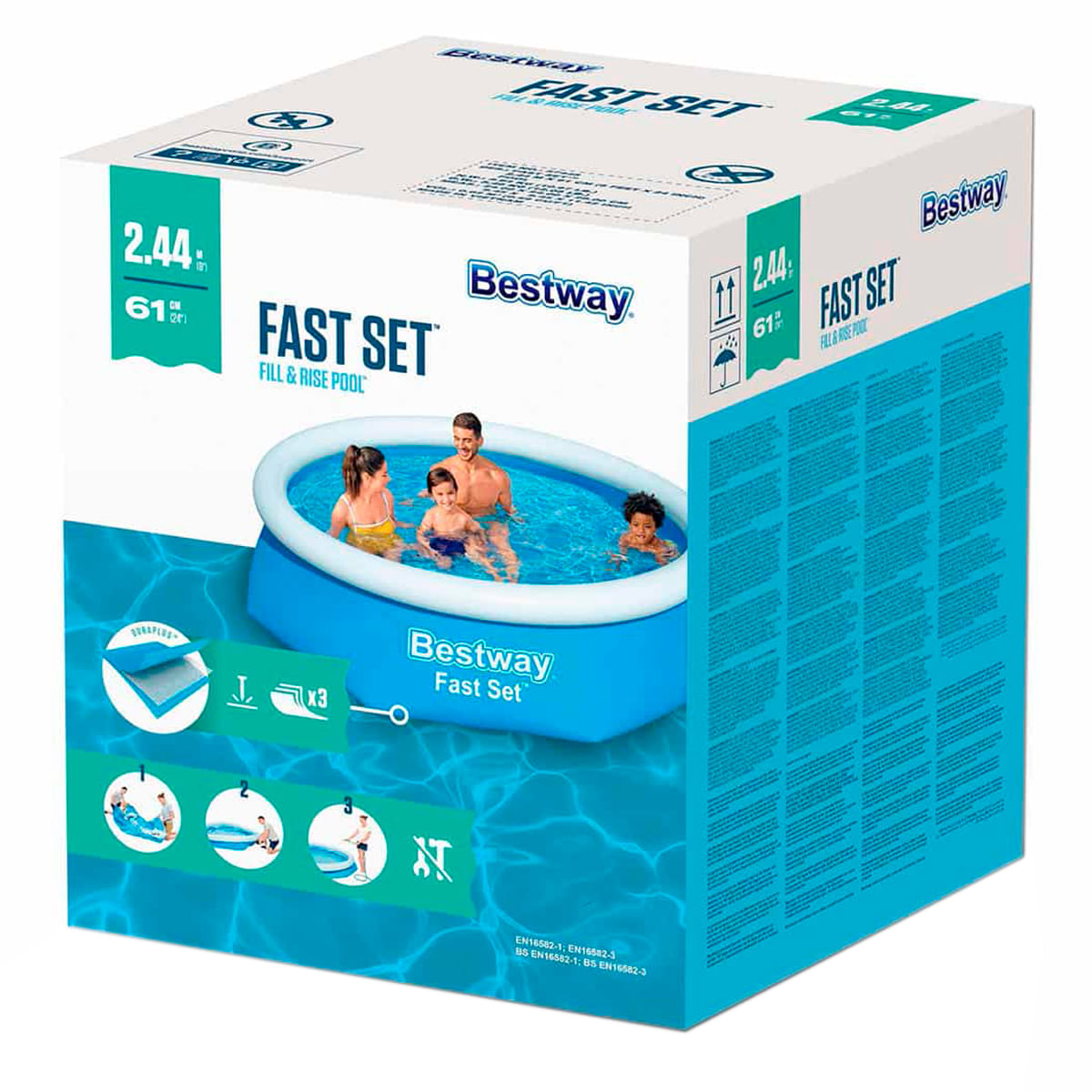 Caja de piscina inflable Bestway Fast Set con familia en el agua.