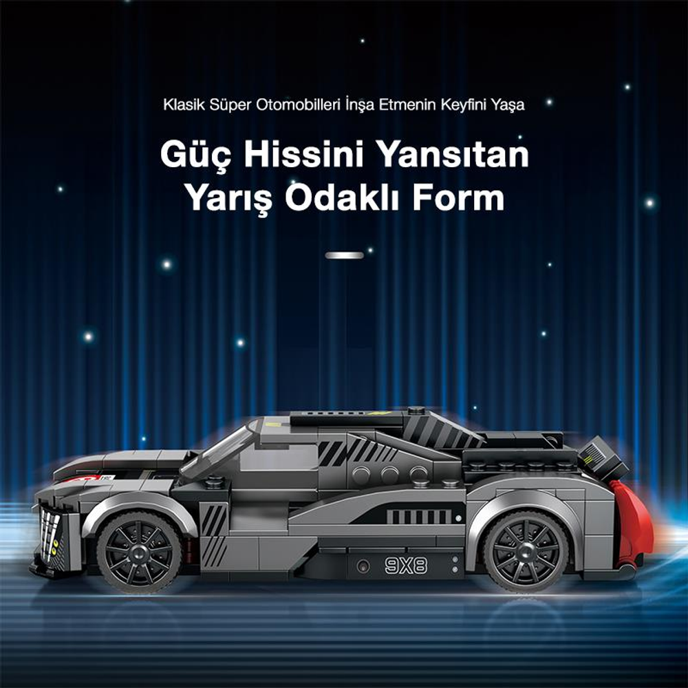 Gri Lego yarış arabası, kırmızı arka lambalar ve arka planda mavi ışıklar.