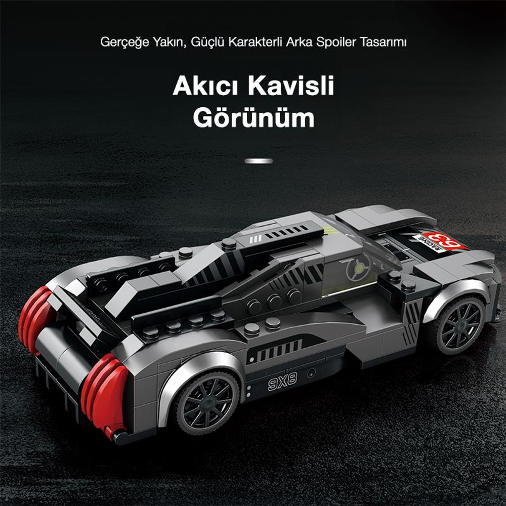 Kırmızı vurgulu ve 63 numaralı gri Lego yarış arabası.