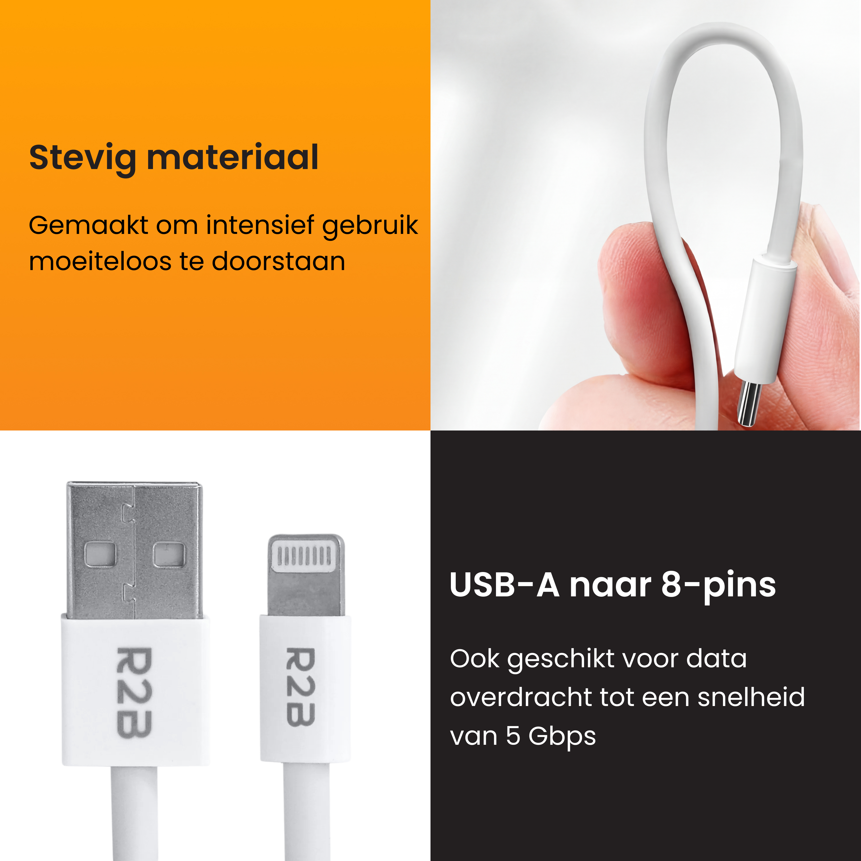Câble blanc USB-A vers 8 broches, flexible et durable.