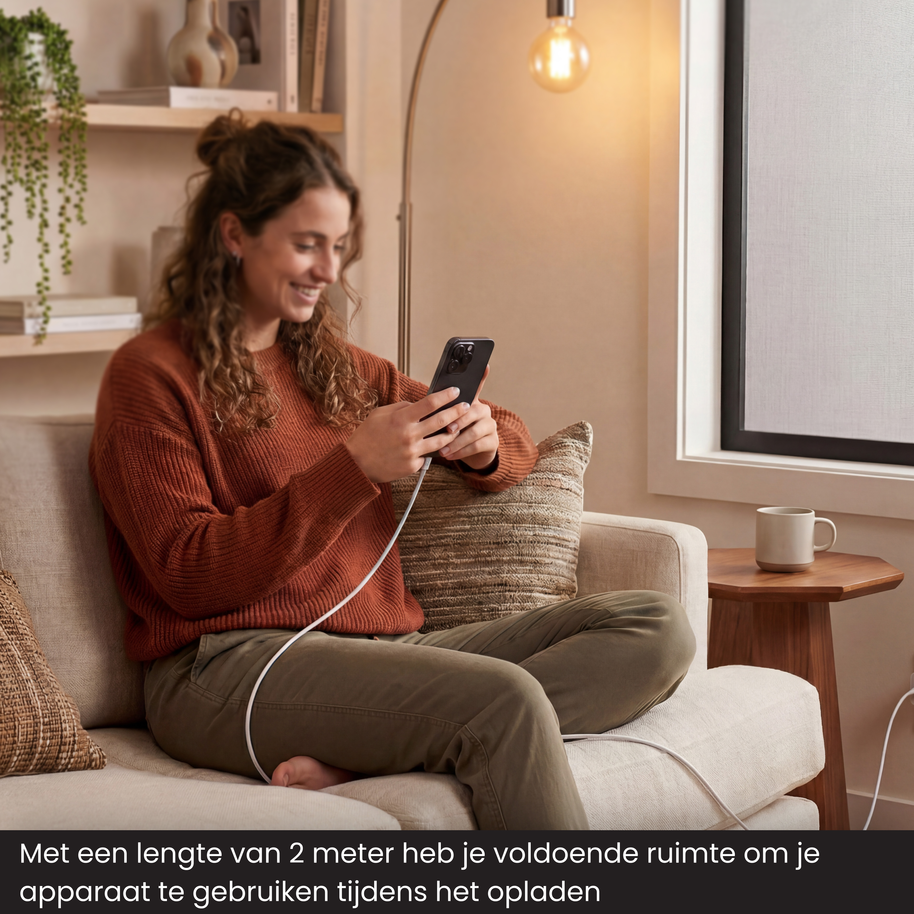 Une femme assise sur un canapé charge son téléphone.